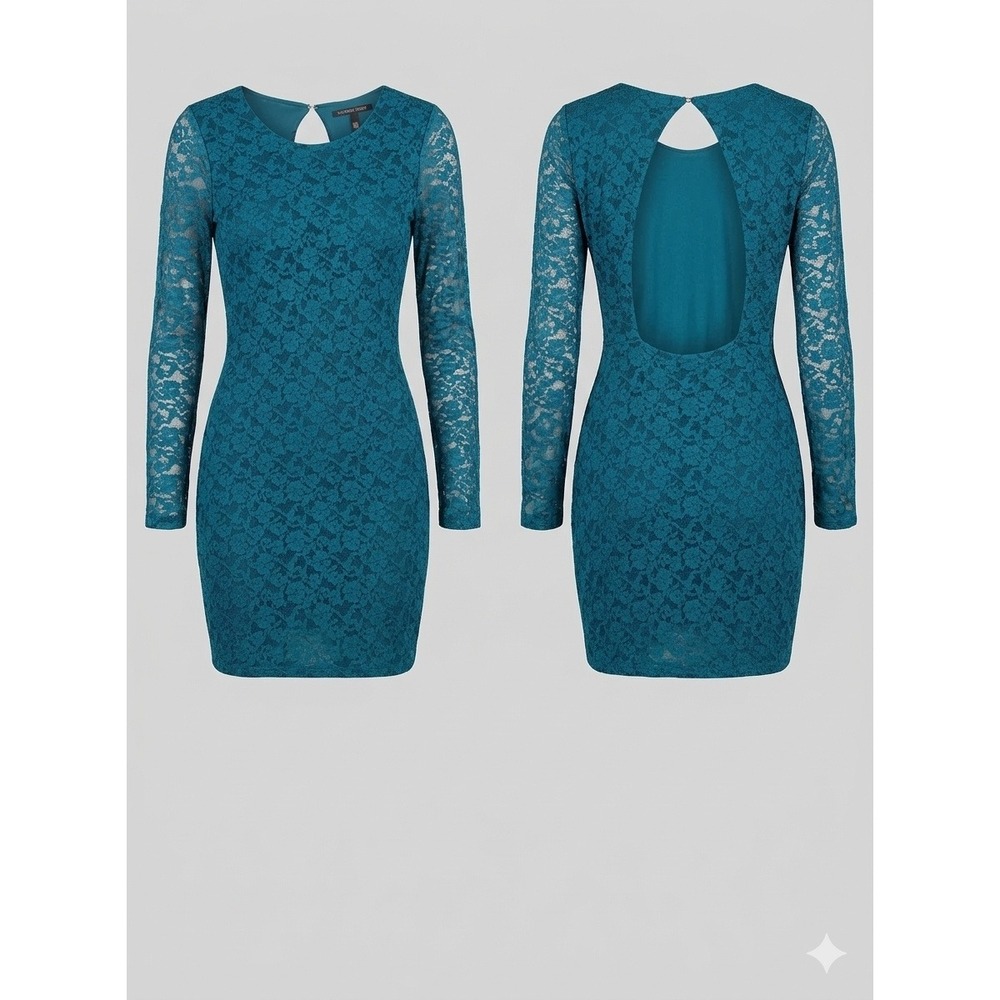 Victorias Secret Teal Blue Stretch Lace Open Back Bodycon Mini Dress Small